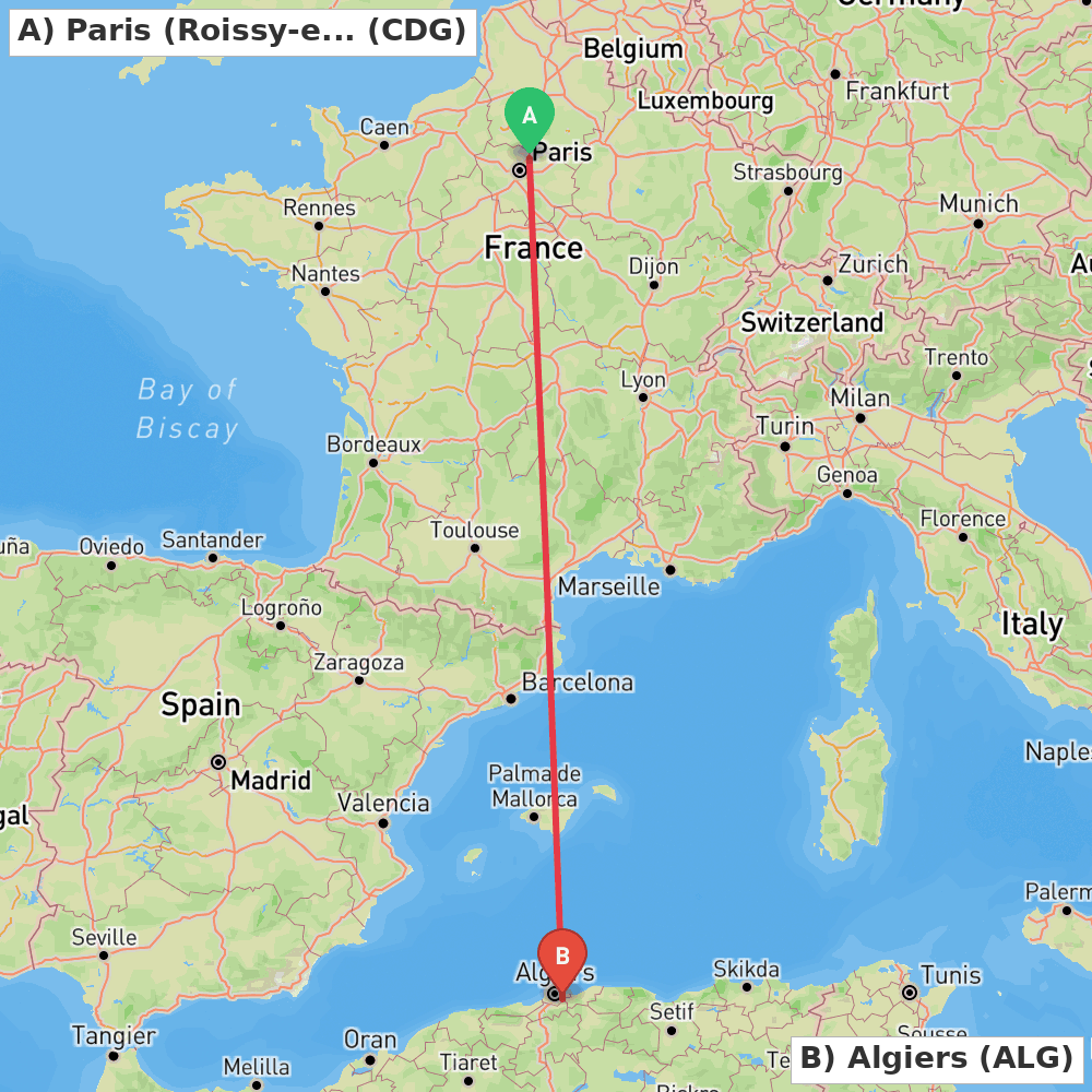 Flight route map from Paris (Roissy-en-France, Val-d'Oise) to Algiers