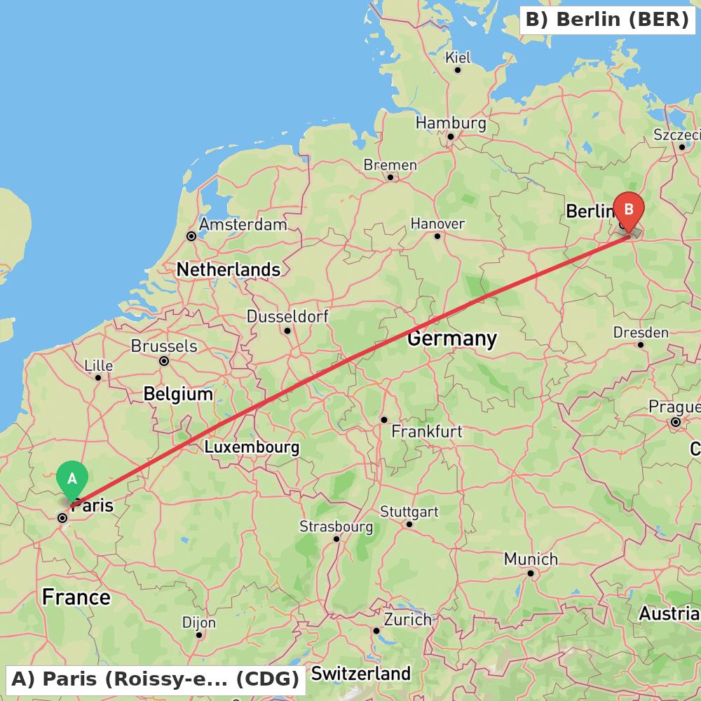 Flight route map from Paris (Roissy-en-France, Val-d'Oise) to Berlin