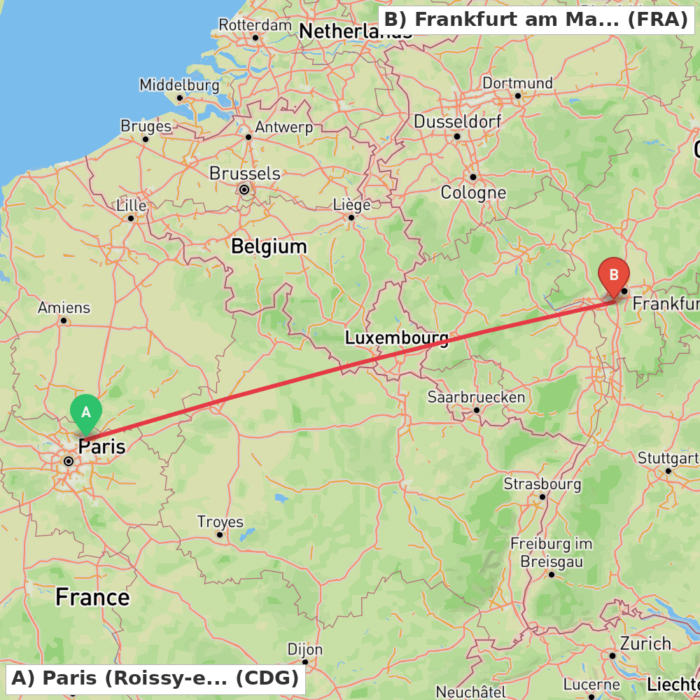 Flight route map from Paris (Roissy-en-France, Val-d'Oise) to Frankfurt am Main