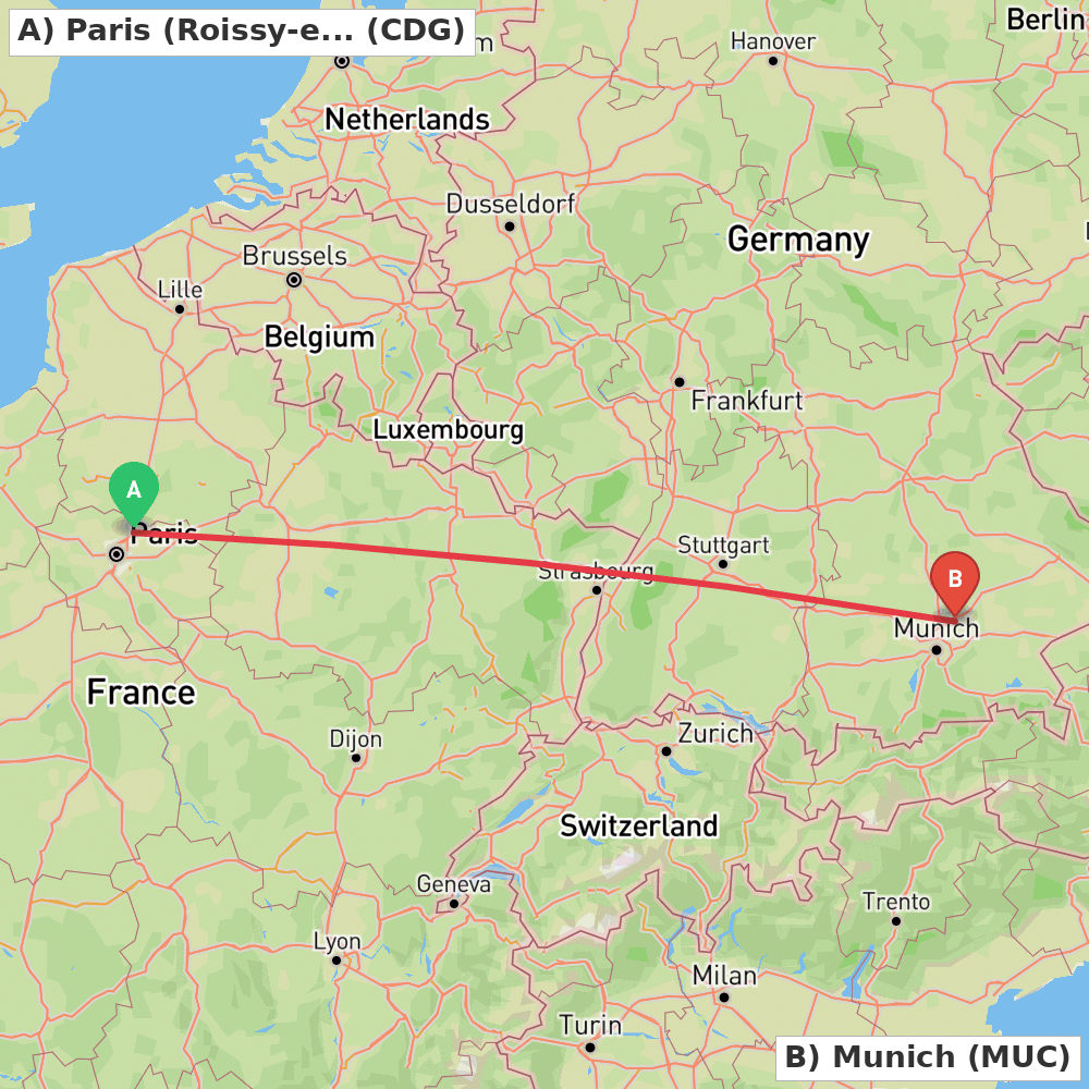 Flight route map from Paris (Roissy-en-France, Val-d'Oise) to Munich