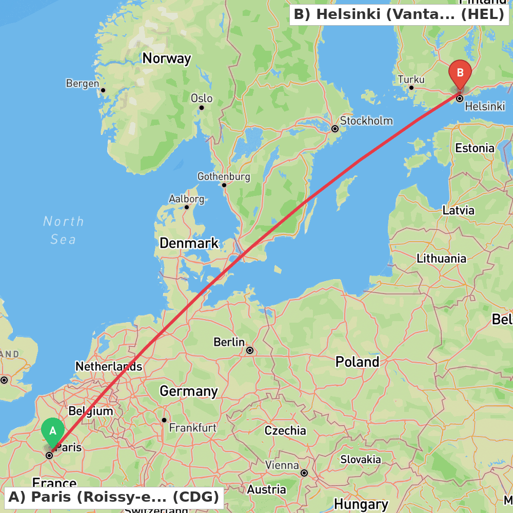 Flight route map from Paris (Roissy-en-France, Val-d'Oise) to Helsinki (Vantaa)