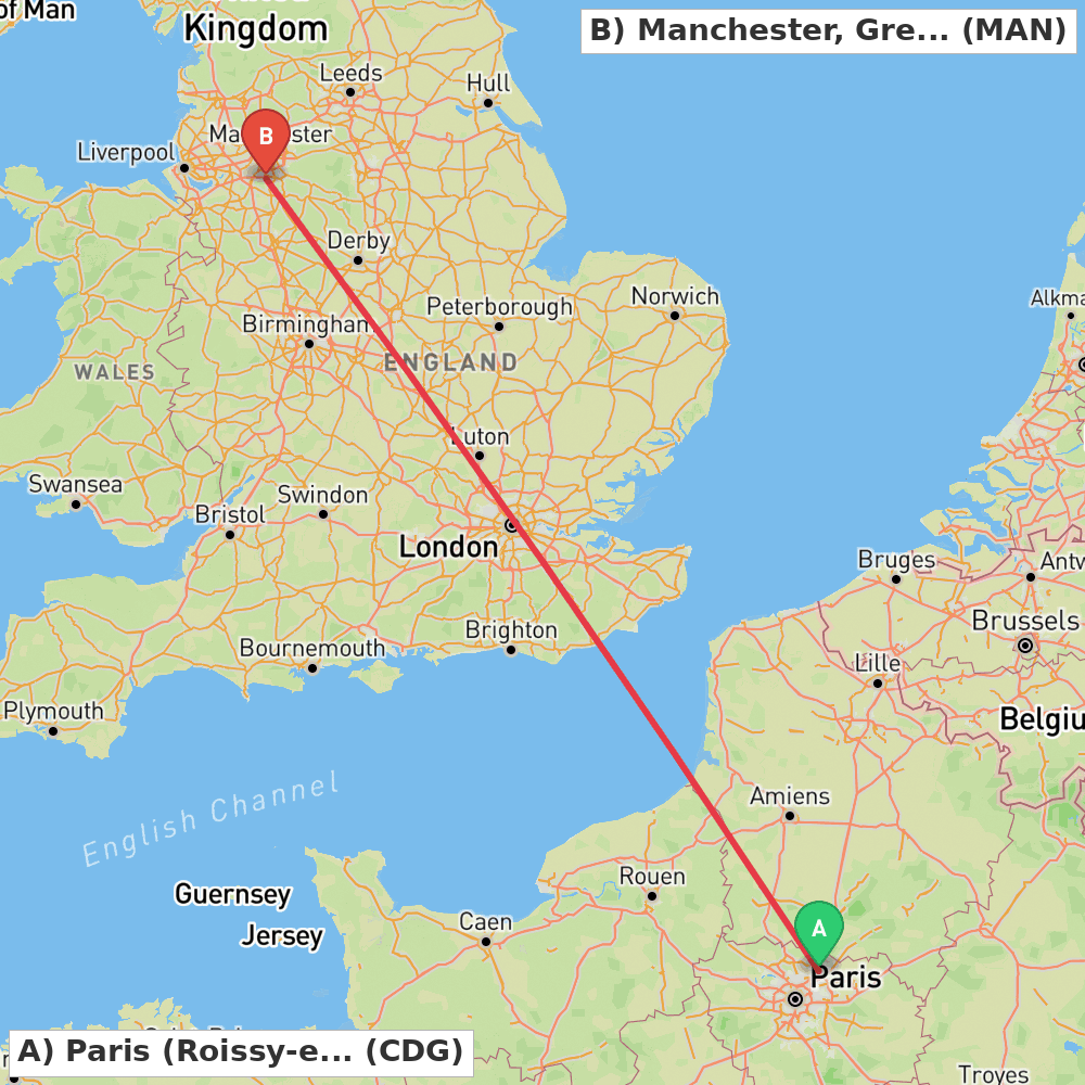 Flight route map from Paris (Roissy-en-France, Val-d'Oise) to Manchester, Greater Manchester