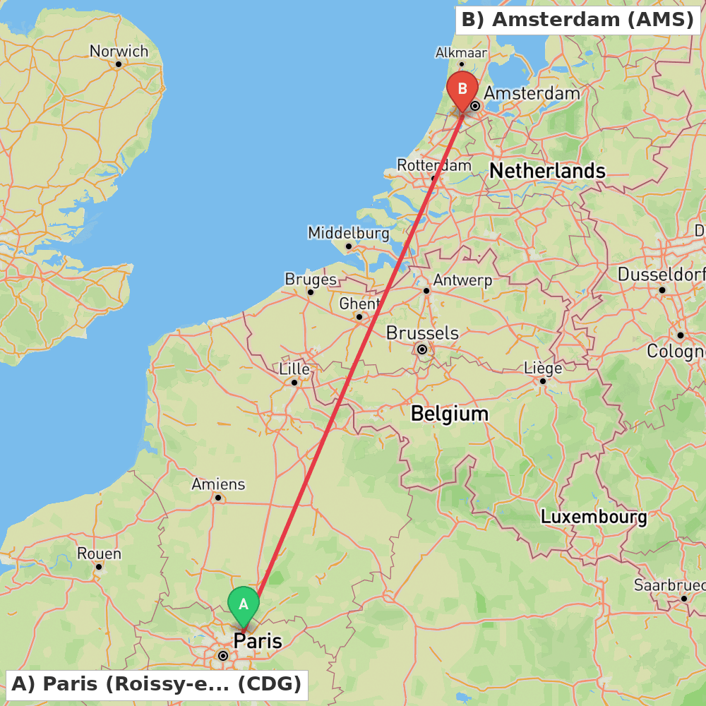 Flight route map from Paris (Roissy-en-France, Val-d'Oise) to Amsterdam