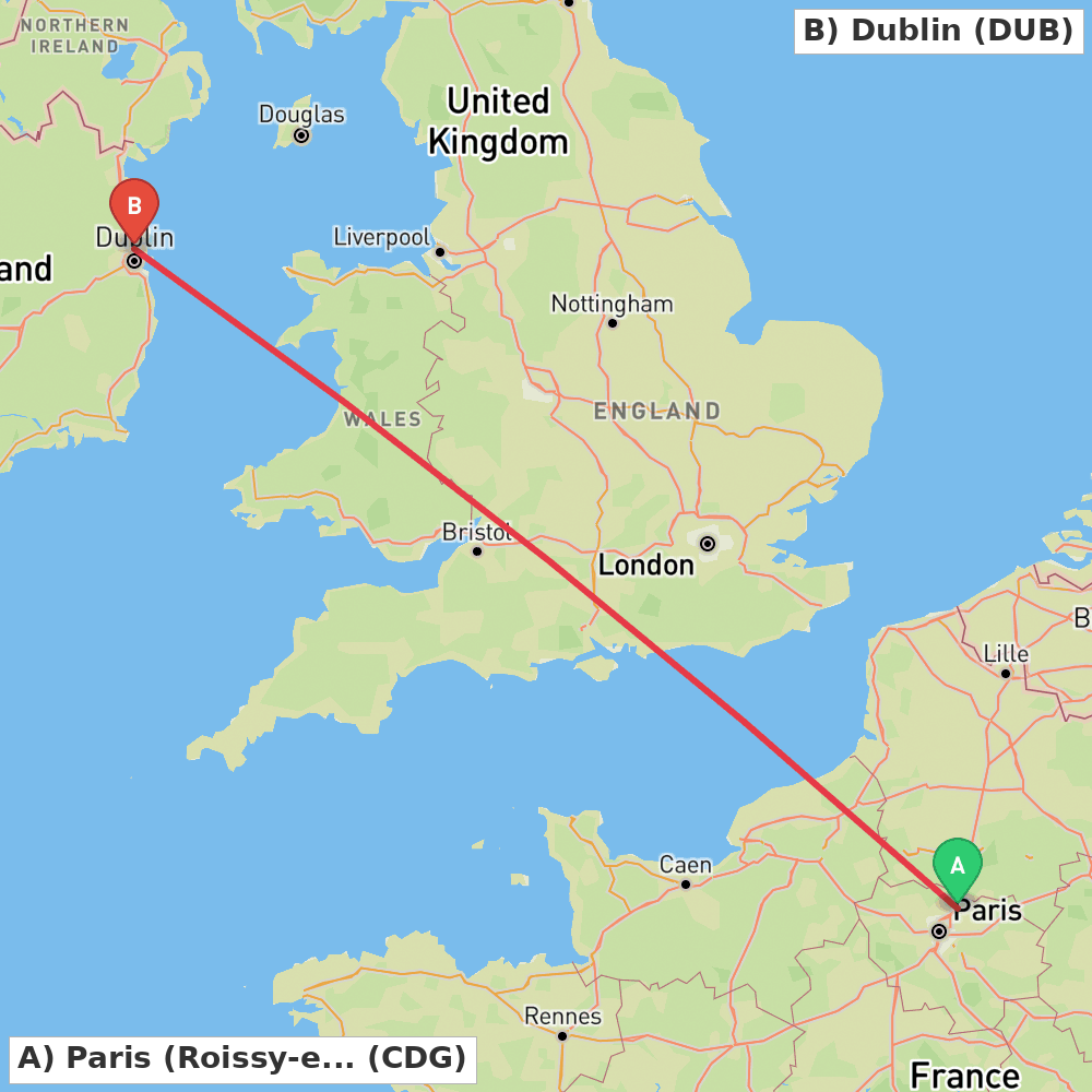 Flight route map from Paris (Roissy-en-France, Val-d'Oise) to Dublin