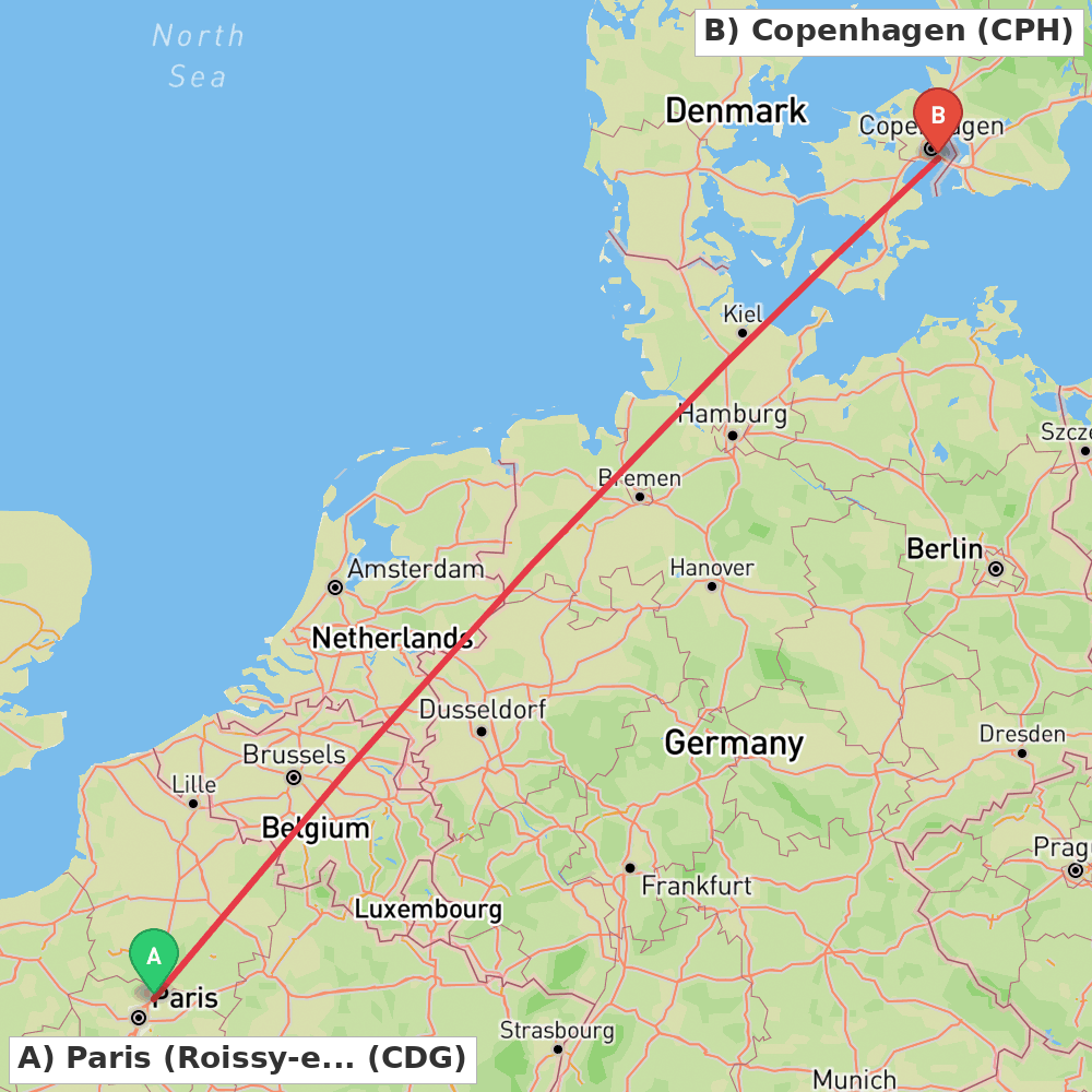 Flight route map from Paris (Roissy-en-France, Val-d'Oise) to Copenhagen