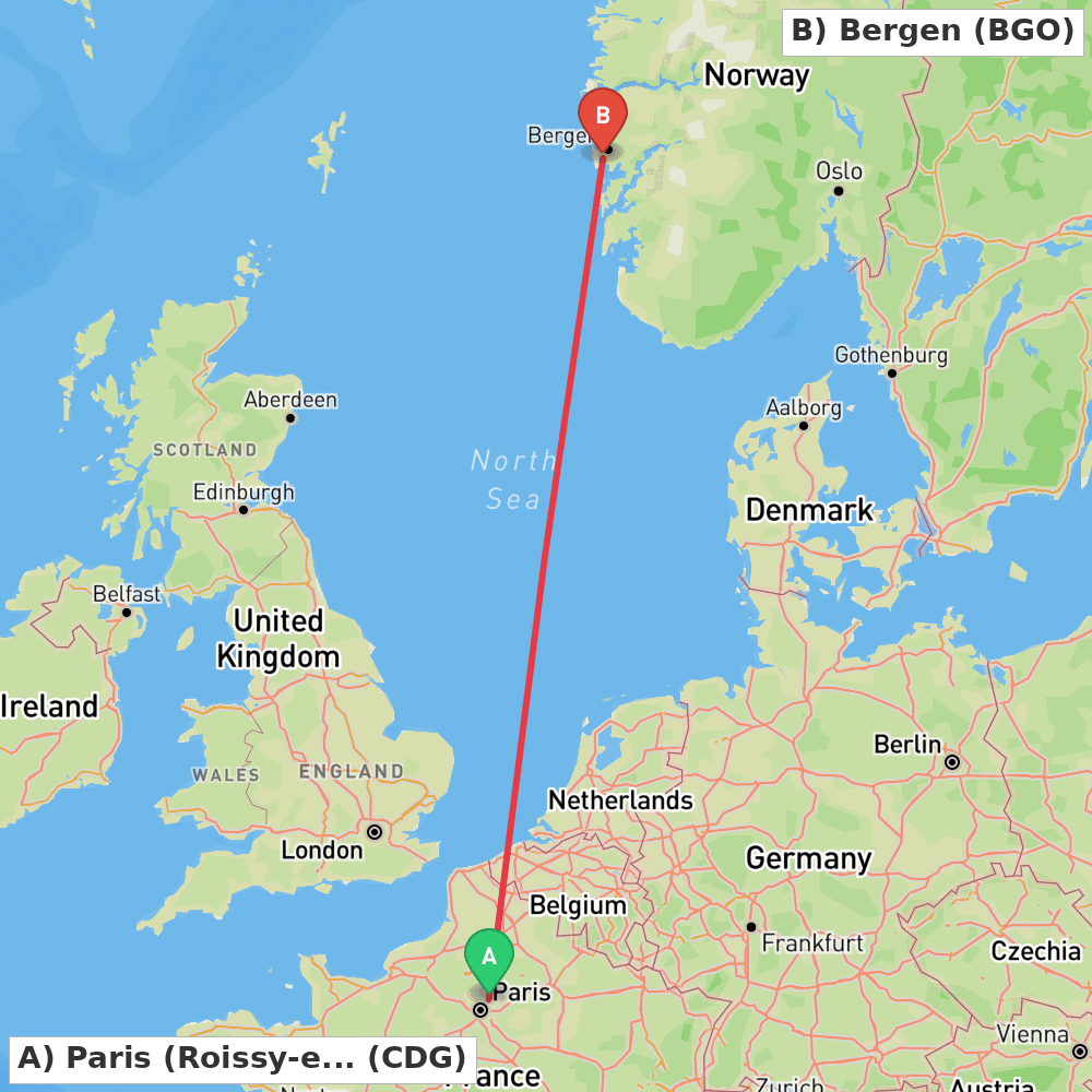 Flight route map from Paris (Roissy-en-France, Val-d'Oise) to Bergen