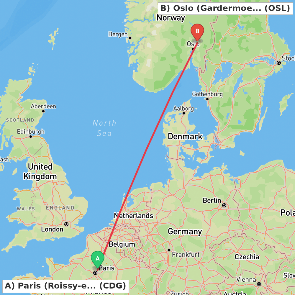 Flight route map from Paris (Roissy-en-France, Val-d'Oise) to Oslo (Gardermoen)