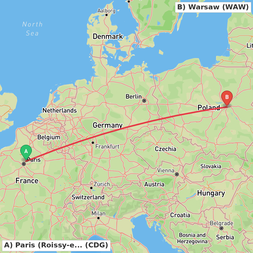 Flight route map from Paris (Roissy-en-France, Val-d'Oise) to Warsaw