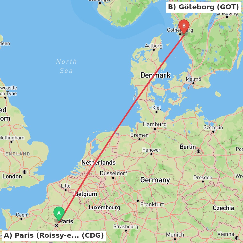 Flight route map from Paris (Roissy-en-France, Val-d'Oise) to Göteborg