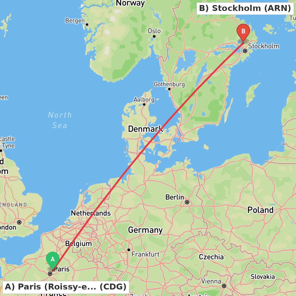 Flight route map from Paris (Roissy-en-France, Val-d'Oise) to Stockholm