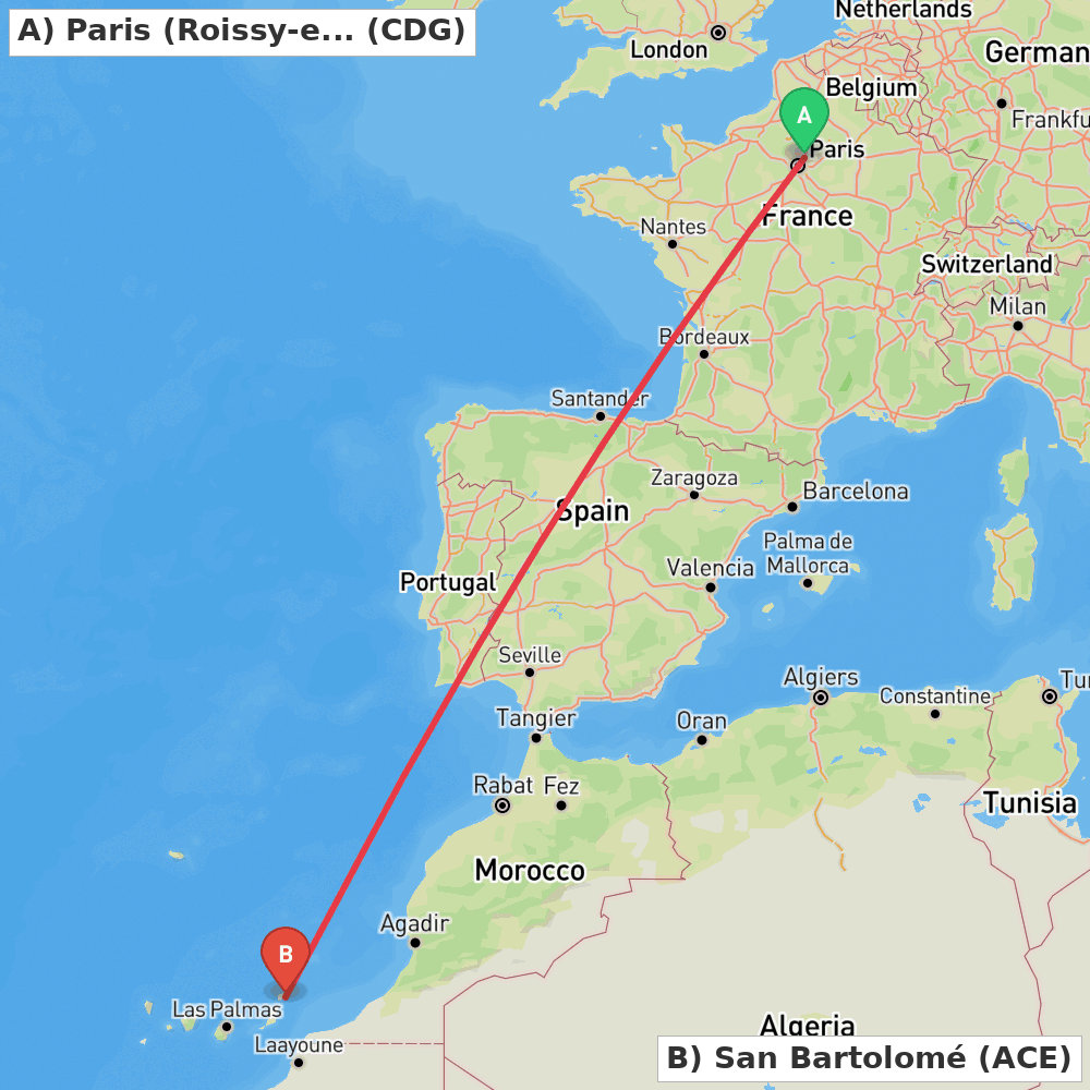 Flight route map from Paris (Roissy-en-France, Val-d'Oise) to San Bartolomé