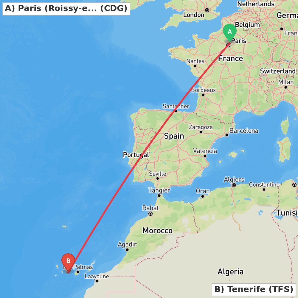 Flight route map from Paris (Roissy-en-France, Val-d'Oise) to Tenerife