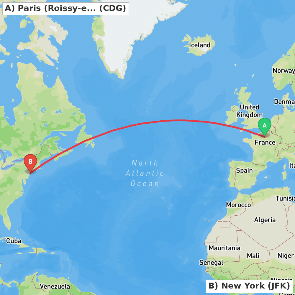 Flight route map from Paris (Roissy-en-France, Val-d'Oise) to New York