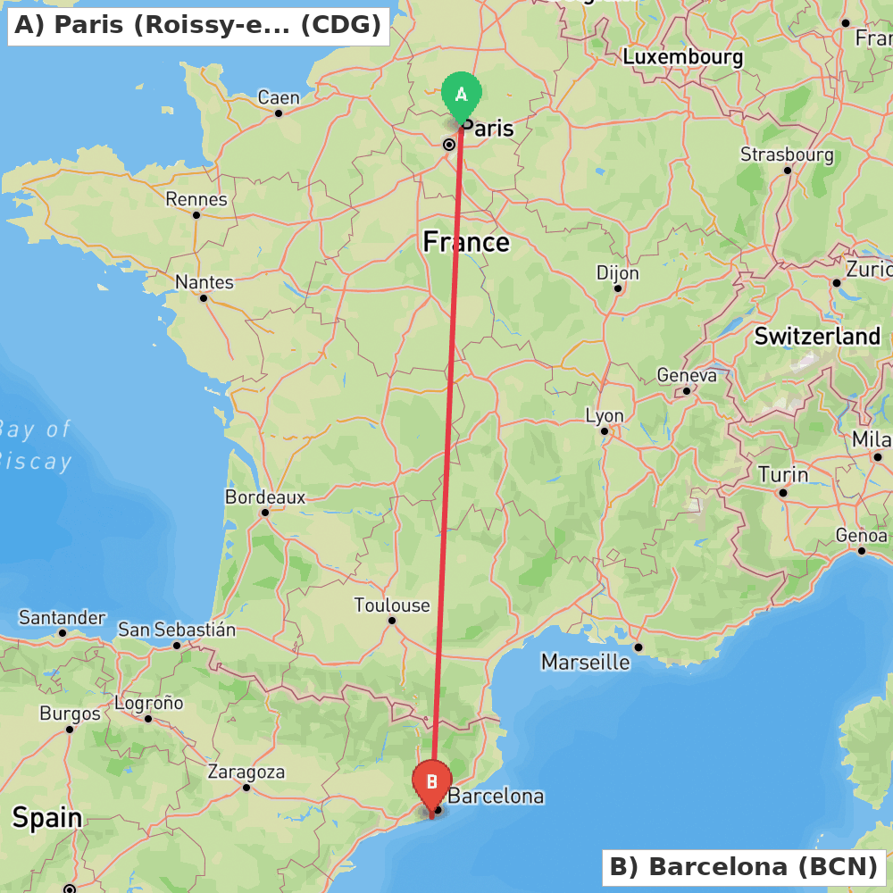 Flight route map from Paris (Roissy-en-France, Val-d'Oise) to Barcelona