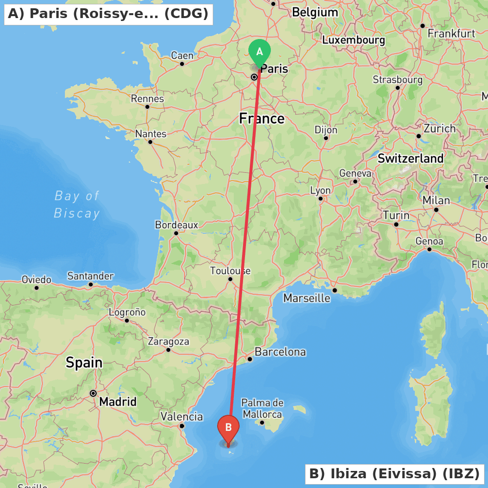 Flight route map from Paris (Roissy-en-France, Val-d'Oise) to Ibiza (Eivissa)