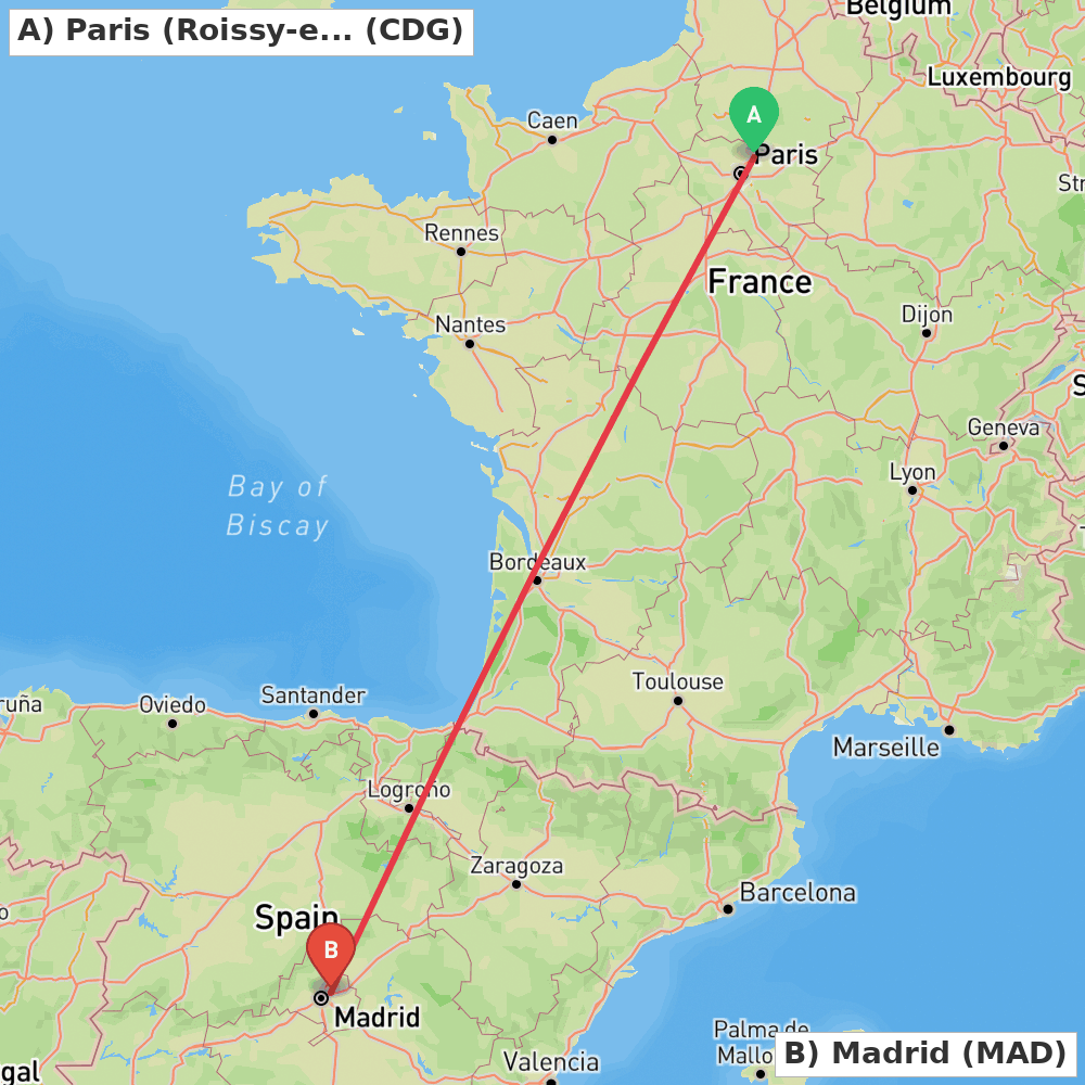 Flight route map from Paris (Roissy-en-France, Val-d'Oise) to Madrid