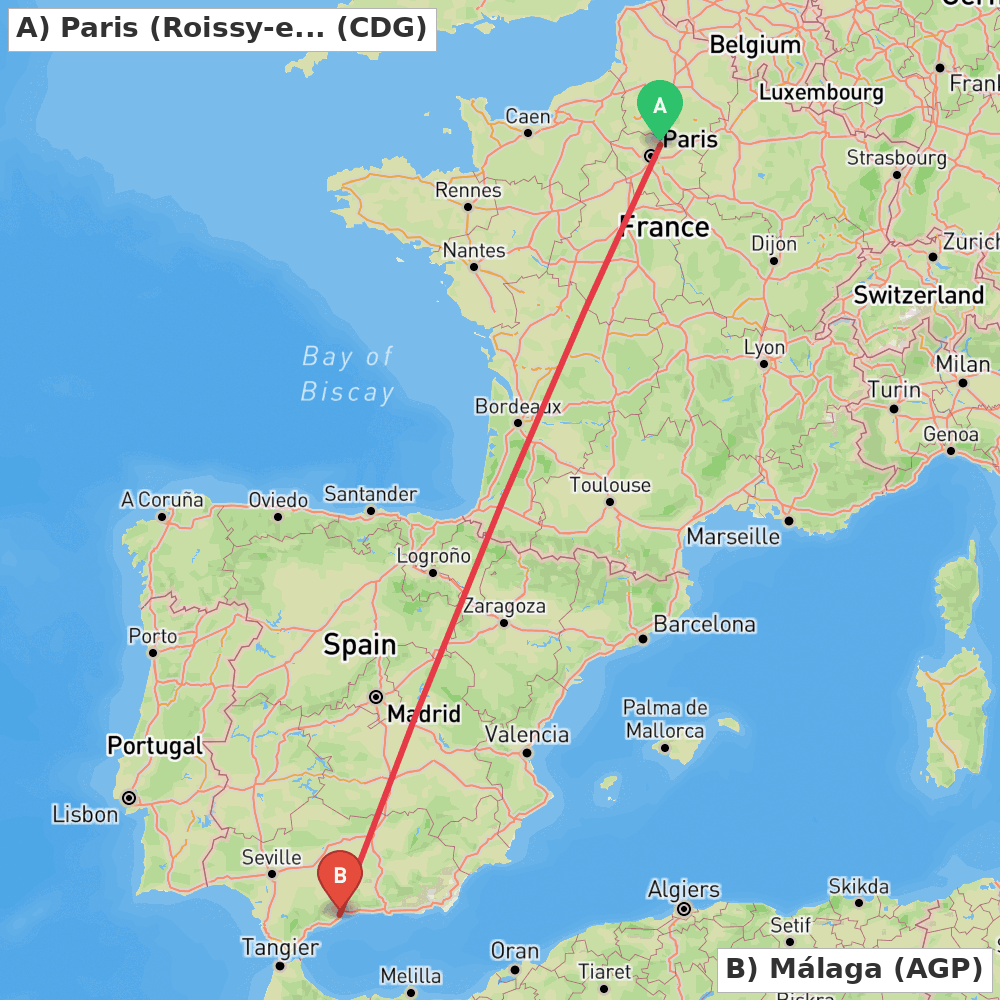 Flight route map from Paris (Roissy-en-France, Val-d'Oise) to Málaga