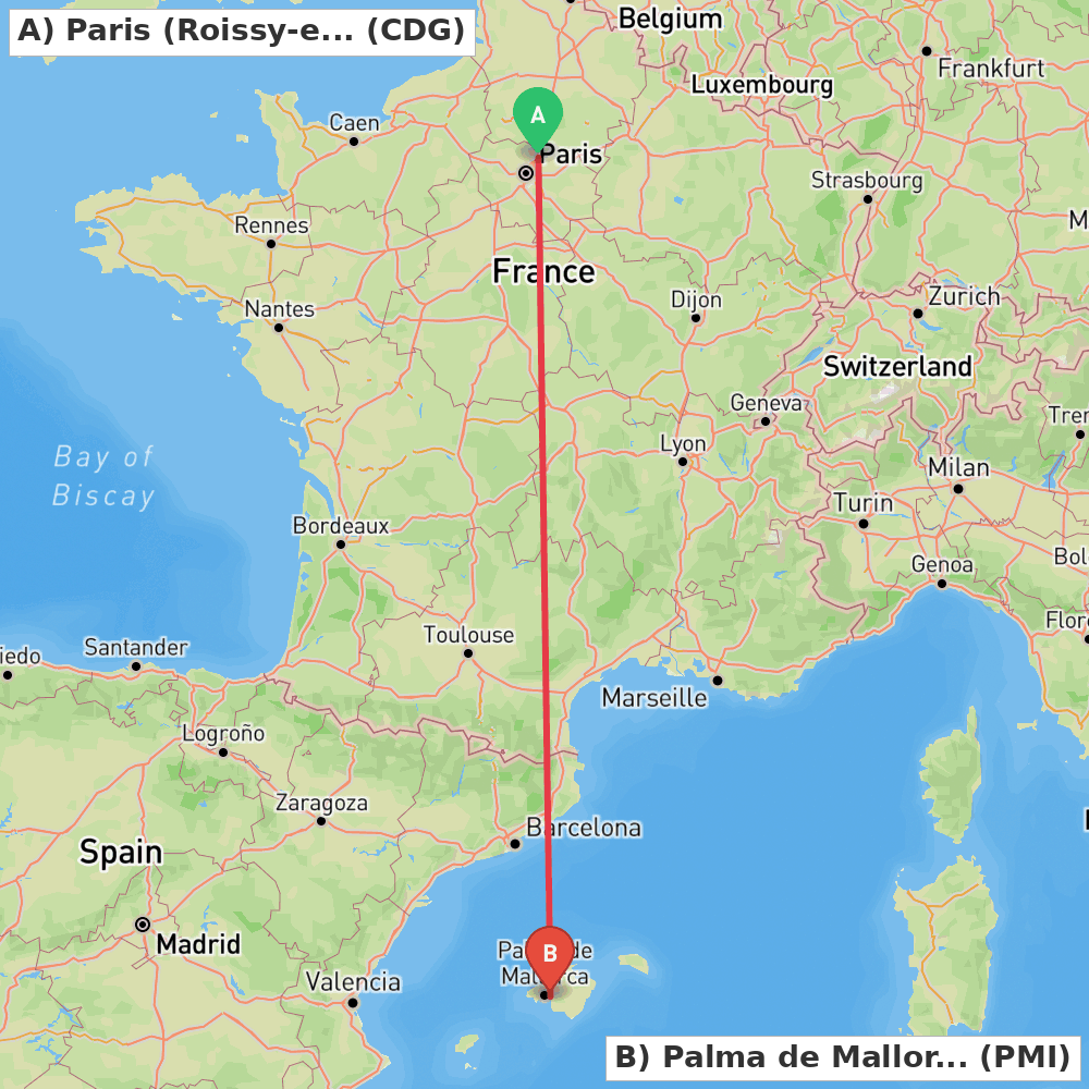 Flight route map from Paris (Roissy-en-France, Val-d'Oise) to Palma de Mallorca