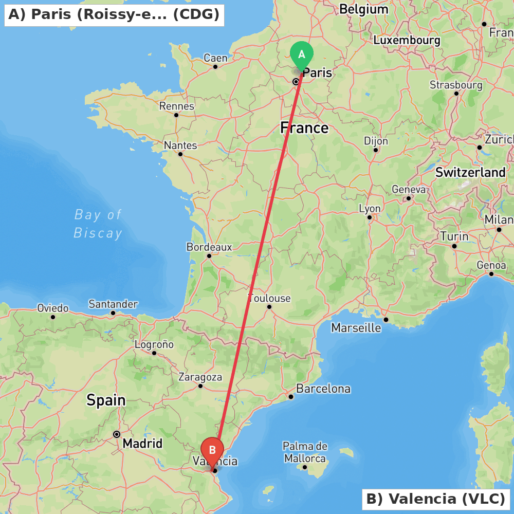 Flight route map from Paris (Roissy-en-France, Val-d'Oise) to Valencia