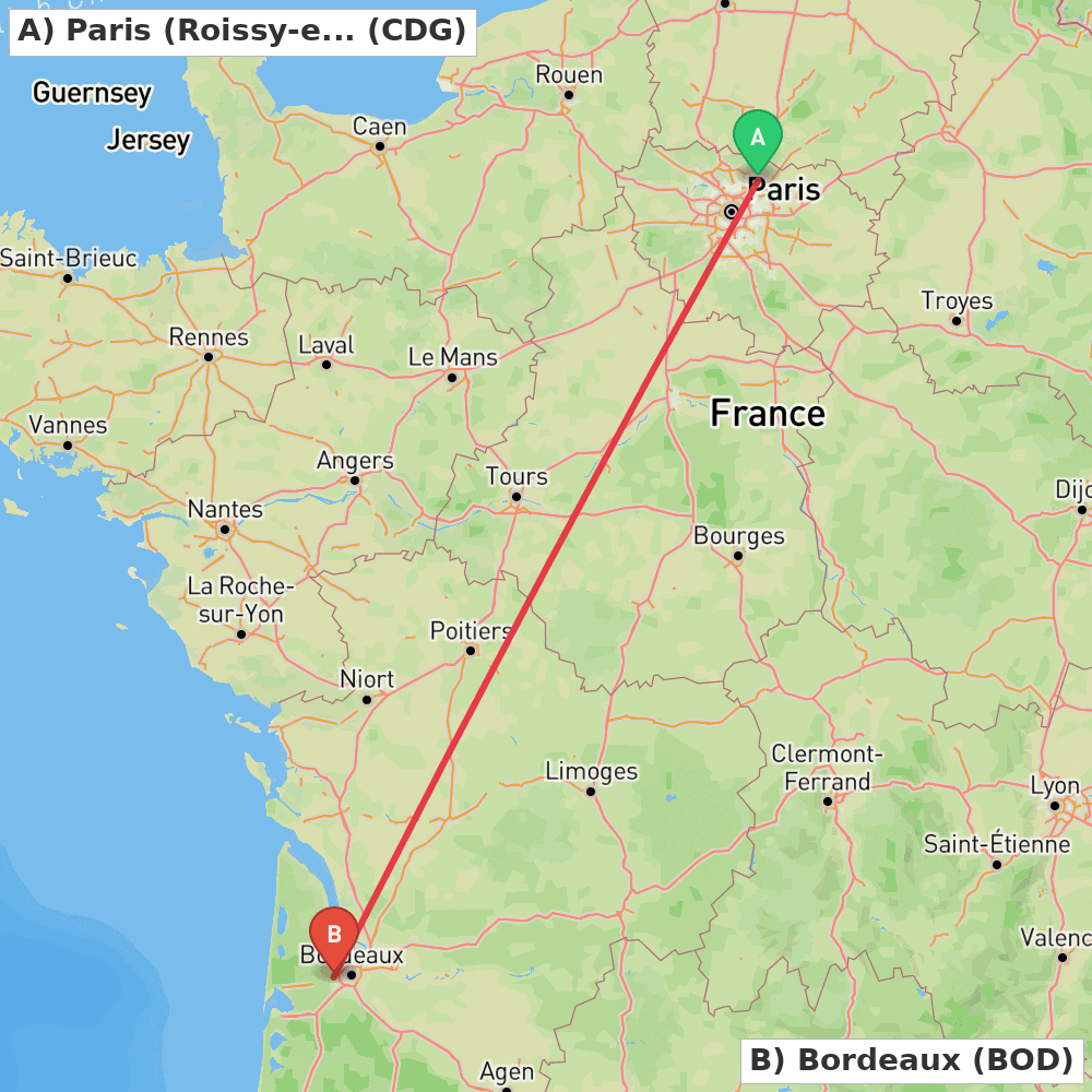 Flight route map from Paris (Roissy-en-France, Val-d'Oise) to Bordeaux