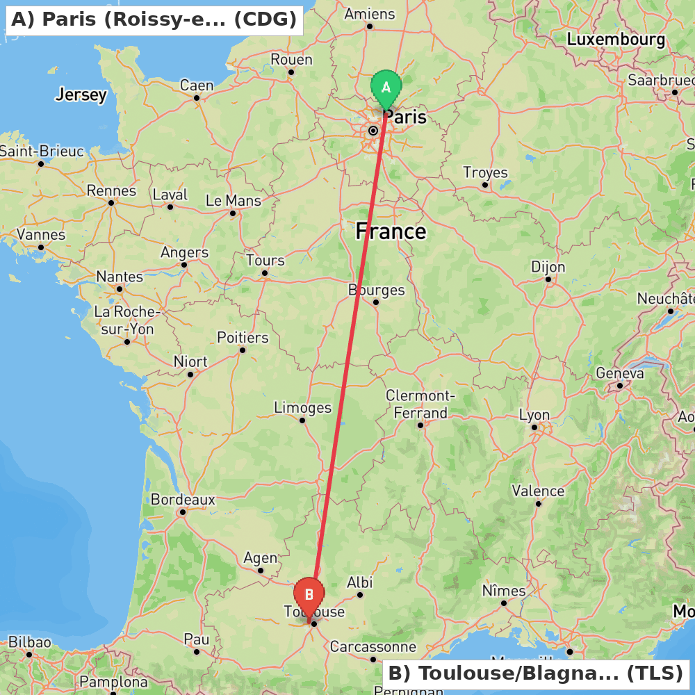 Flight route map from Paris (Roissy-en-France, Val-d'Oise) to Toulouse/Blagnac