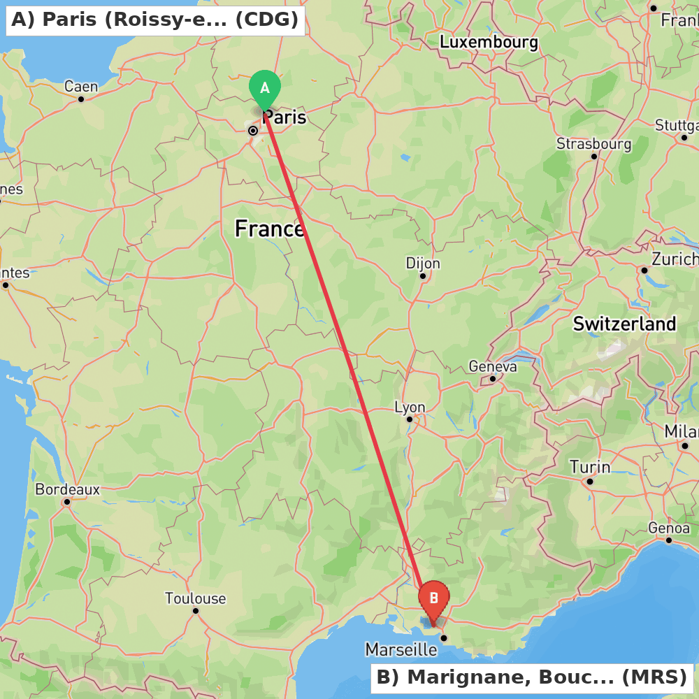 Flight route map from Paris (Roissy-en-France, Val-d'Oise) to Marignane, Bouches-du-Rhône