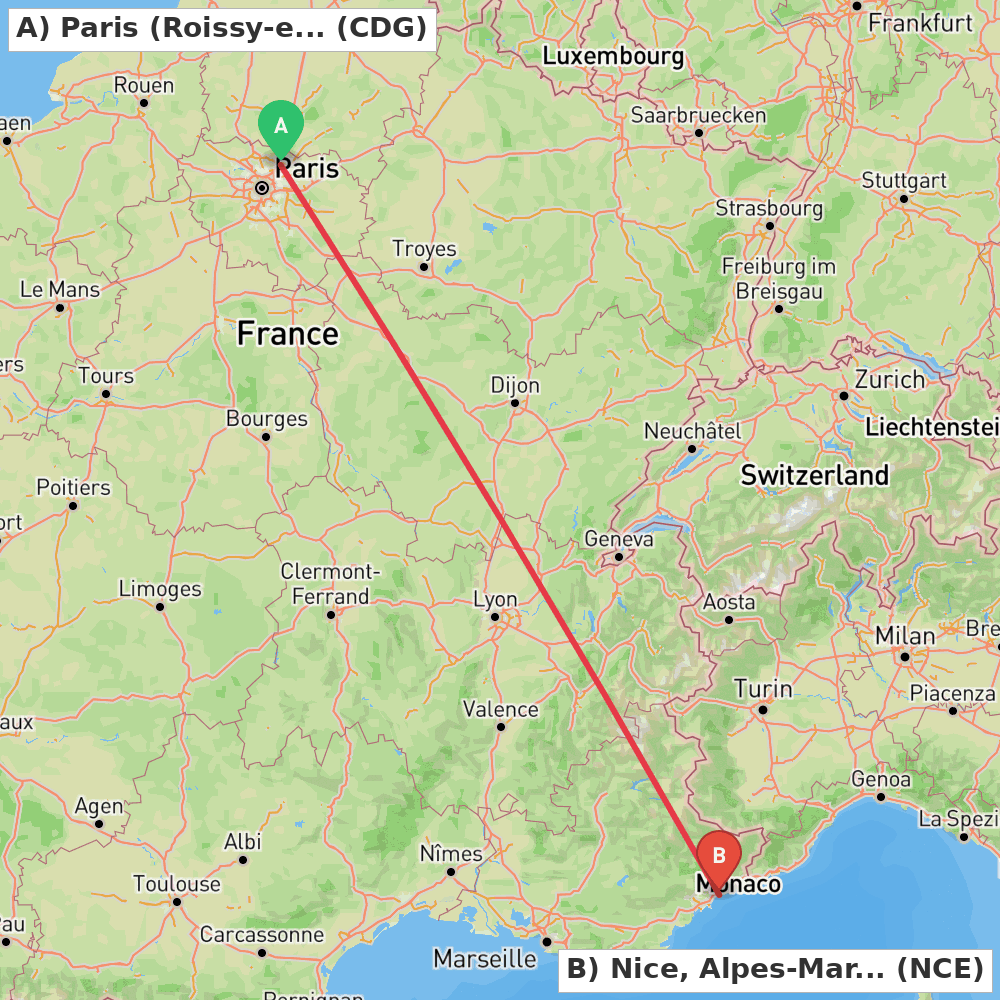 Flight route map from Paris (Roissy-en-France, Val-d'Oise) to Nice, Alpes-Maritimes