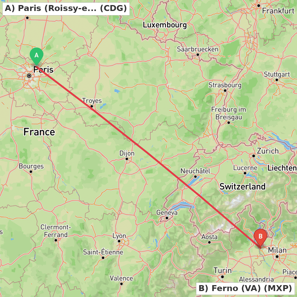 Flight route map from Paris (Roissy-en-France, Val-d'Oise) to Ferno (VA)