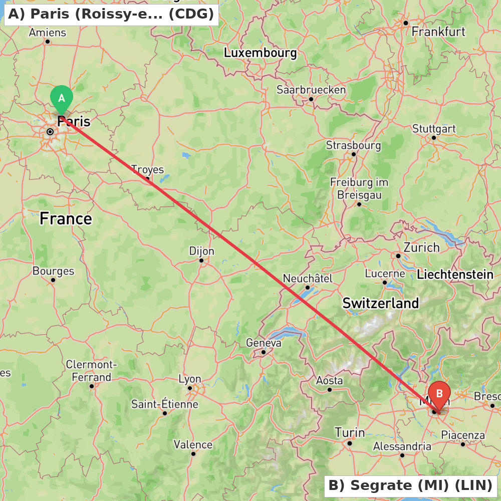 Flight route map from Paris (Roissy-en-France, Val-d'Oise) to Segrate (MI)
