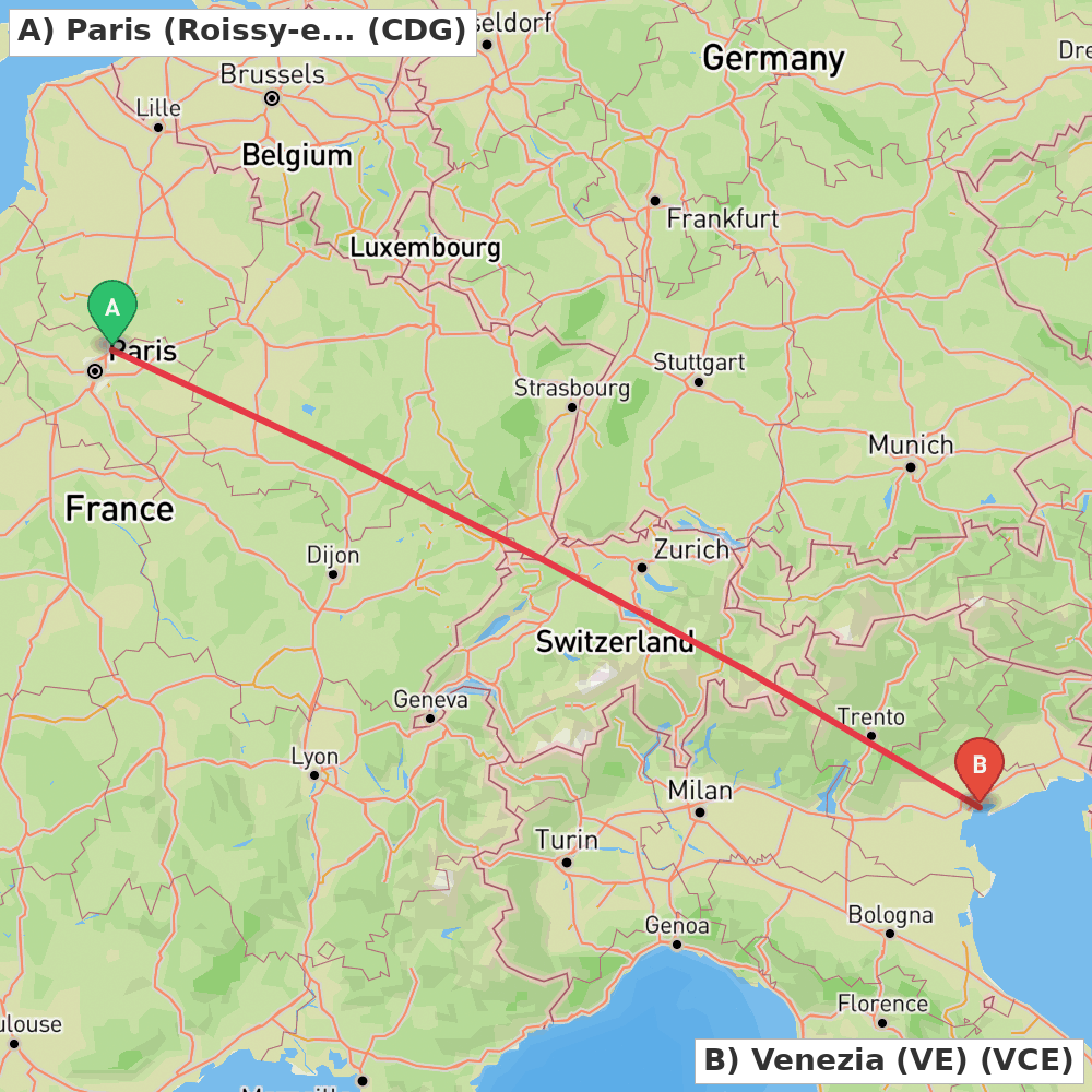Flight route map from Paris (Roissy-en-France, Val-d'Oise) to Venezia (VE)