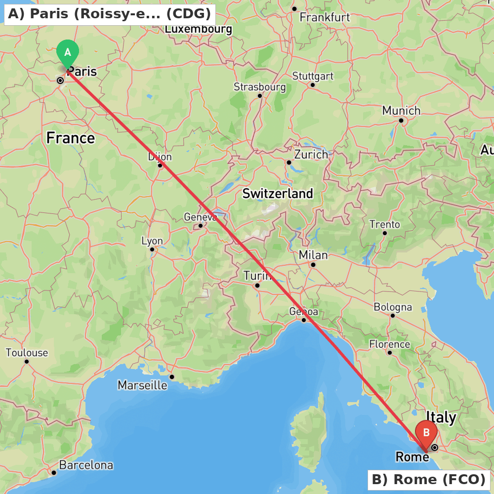 Flight route map from Paris (Roissy-en-France, Val-d'Oise) to Rome