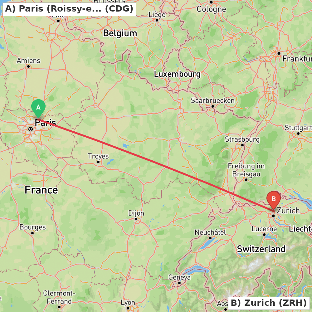 Flight route map from Paris (Roissy-en-France, Val-d'Oise) to Zurich