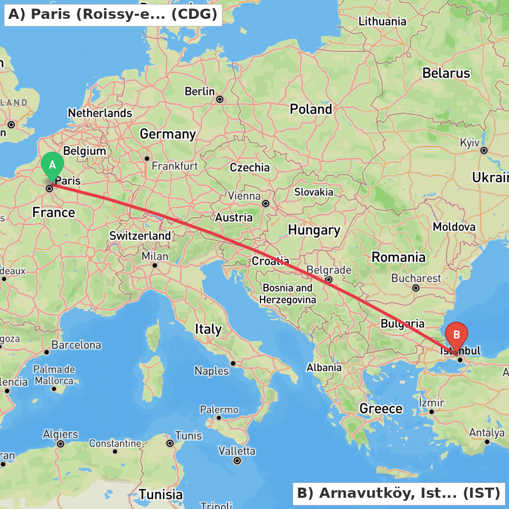 Flight route map from Paris (Roissy-en-France, Val-d'Oise) to Arnavutköy, Istanbul