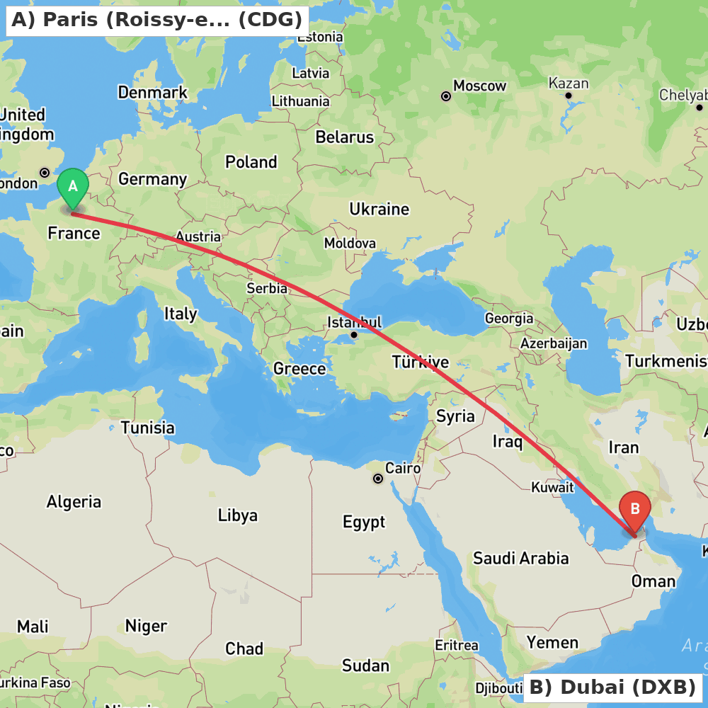 Flight route map from Paris (Roissy-en-France, Val-d'Oise) to Dubai