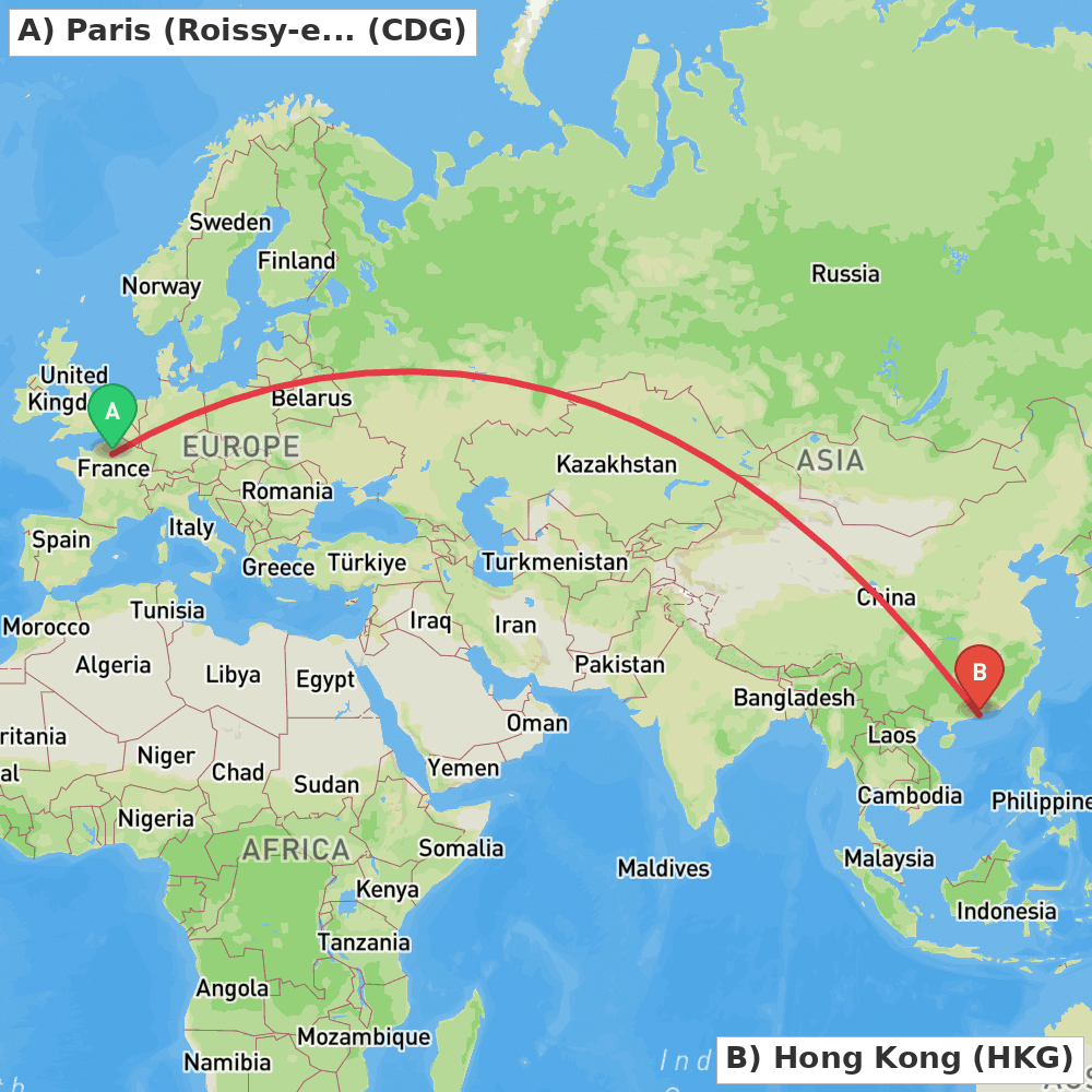 Flight route map from Paris (Roissy-en-France, Val-d'Oise) to Hong Kong