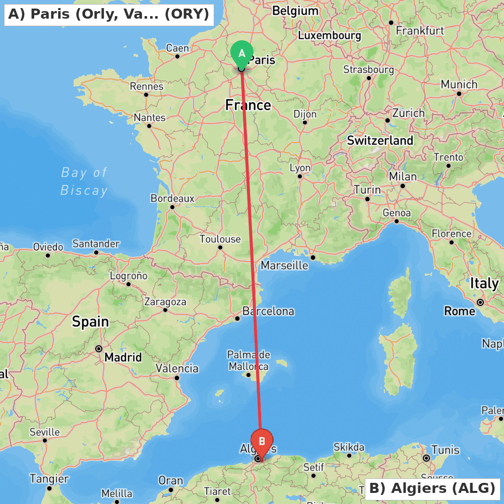 Flight route map from Paris (Orly, Val-de-Marne) to Algiers
