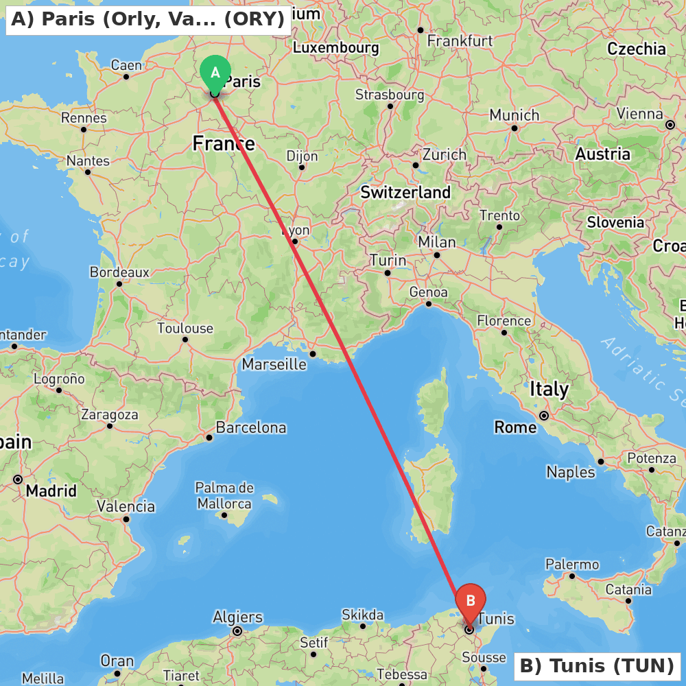 Flight route map from Paris (Orly, Val-de-Marne) to Tunis