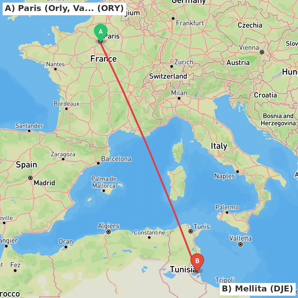 Flight route map from Paris (Orly, Val-de-Marne) to Mellita