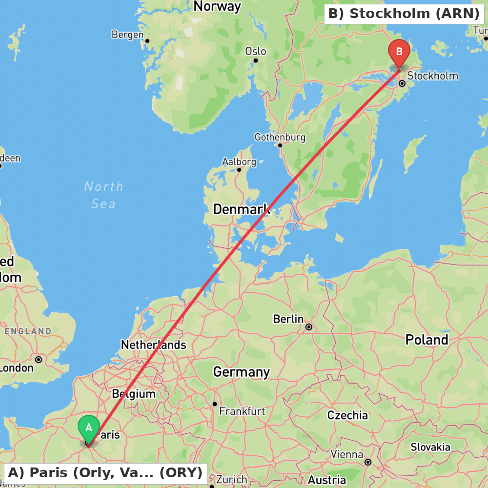 Flight route map from Paris (Orly, Val-de-Marne) to Stockholm