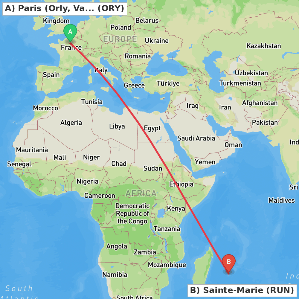 Flight route map from Paris (Orly, Val-de-Marne) to Sainte-Marie