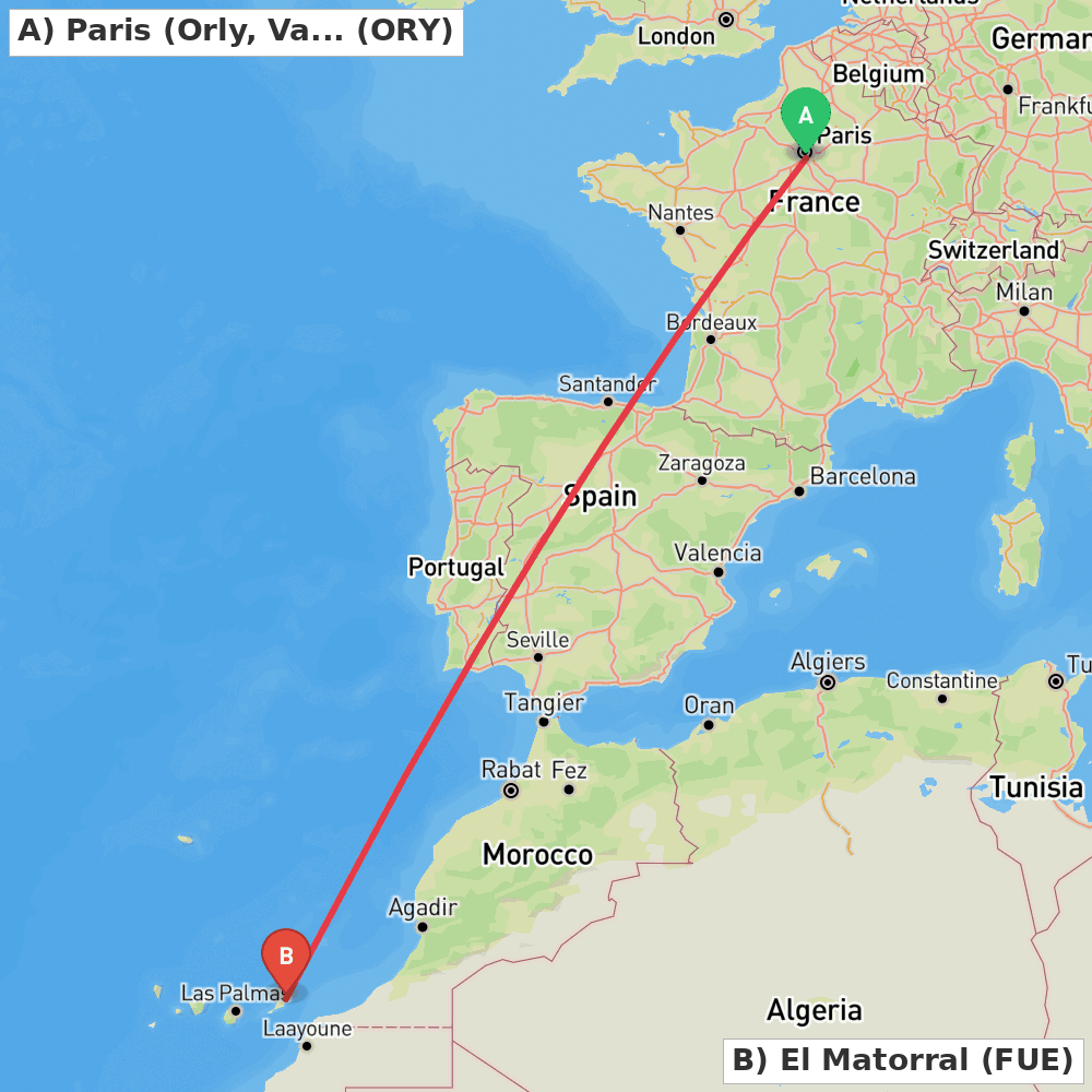 Flight route map from Paris (Orly, Val-de-Marne) to El Matorral