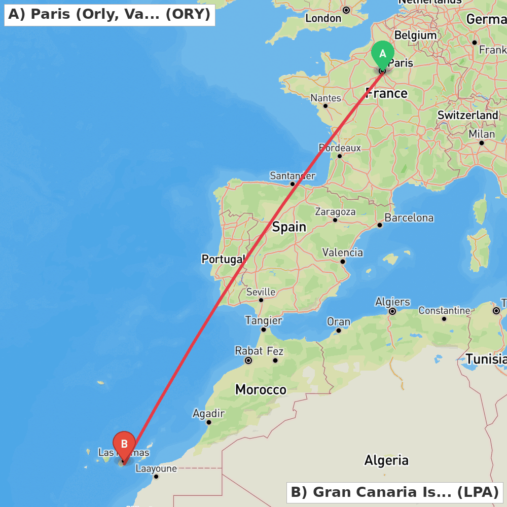 Flight route map from Paris (Orly, Val-de-Marne) to Gran Canaria Island