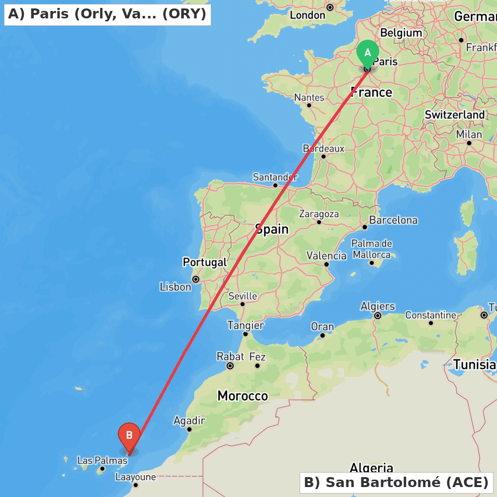 Flight route map from Paris (Orly, Val-de-Marne) to San Bartolomé