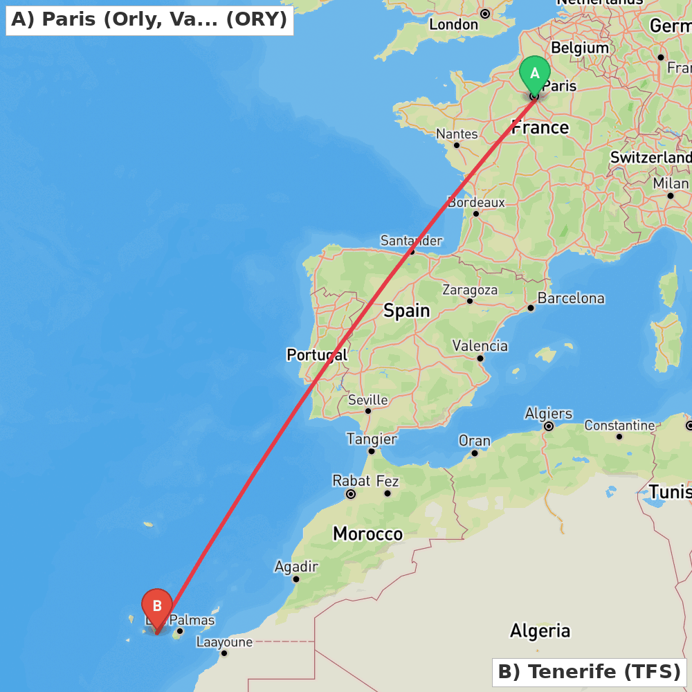 Flight route map from Paris (Orly, Val-de-Marne) to Tenerife