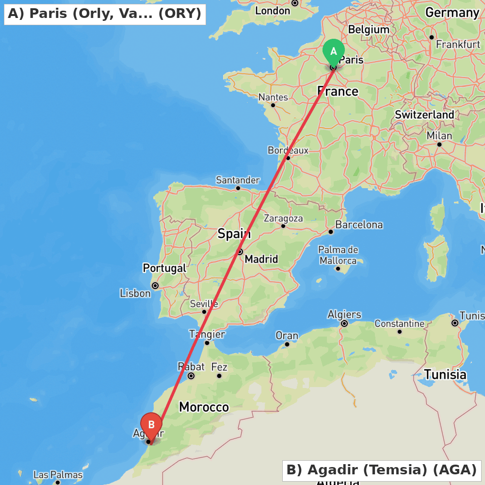 Flight route map from Paris (Orly, Val-de-Marne) to Agadir (Temsia)