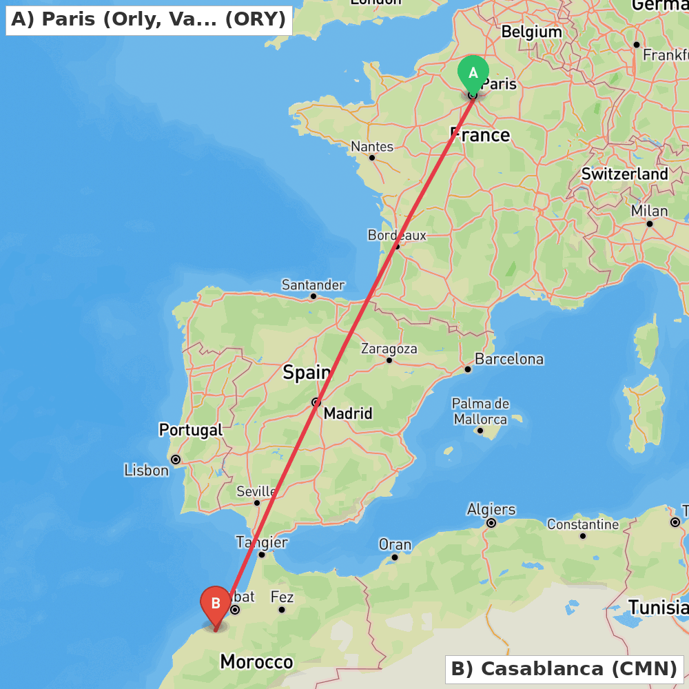 Flight route map from Paris (Orly, Val-de-Marne) to Casablanca