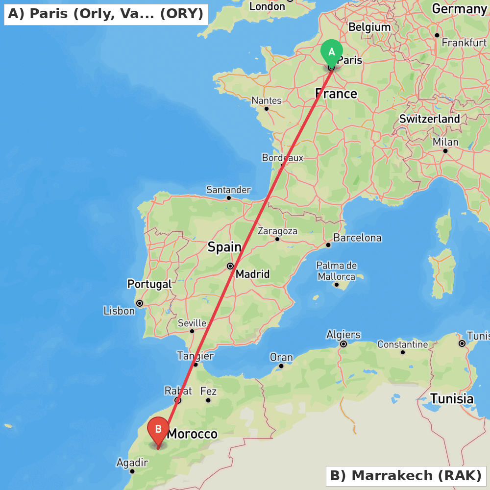 Flight route map from Paris (Orly, Val-de-Marne) to Marrakech