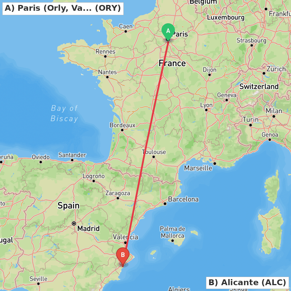 Flight route map from Paris (Orly, Val-de-Marne) to Alicante