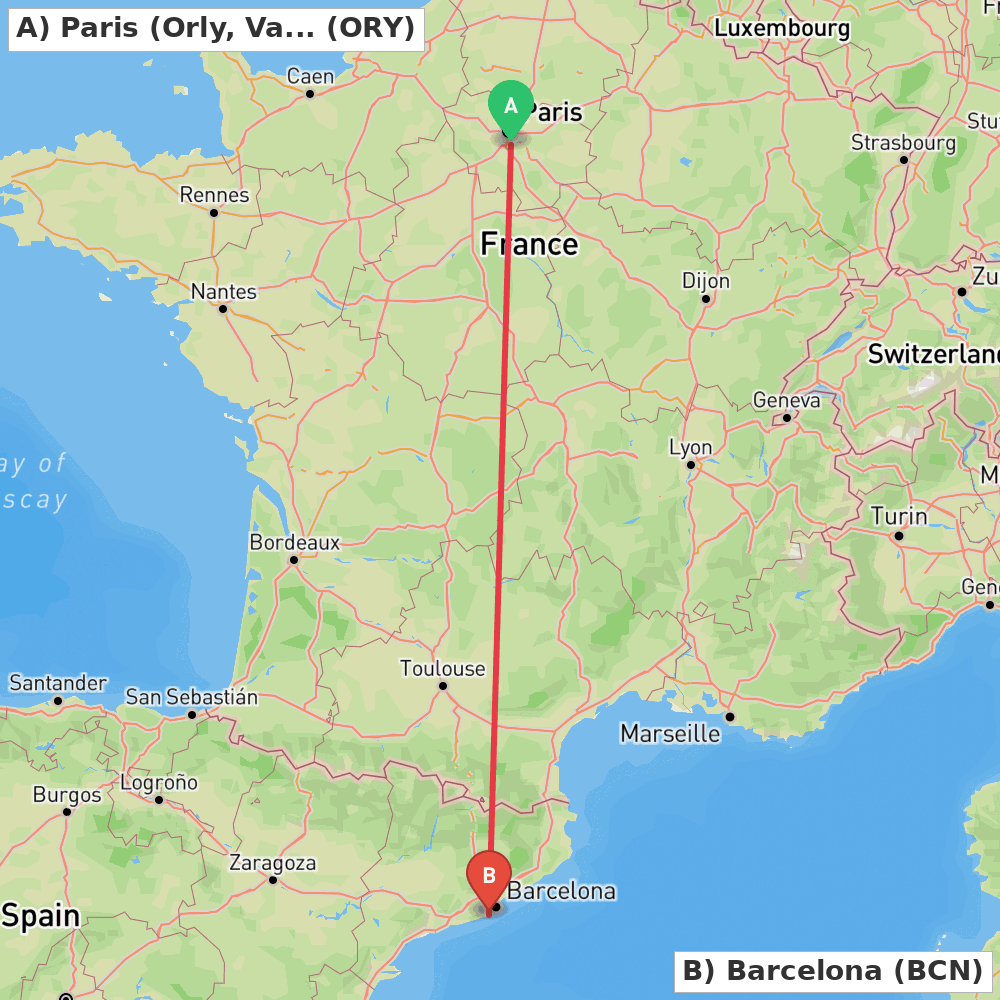 Flight route map from Paris (Orly, Val-de-Marne) to Barcelona