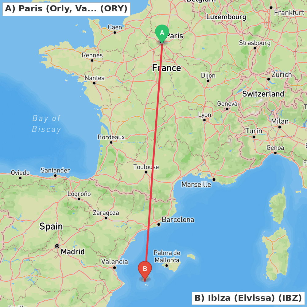 Flight route map from Paris (Orly, Val-de-Marne) to Ibiza (Eivissa)